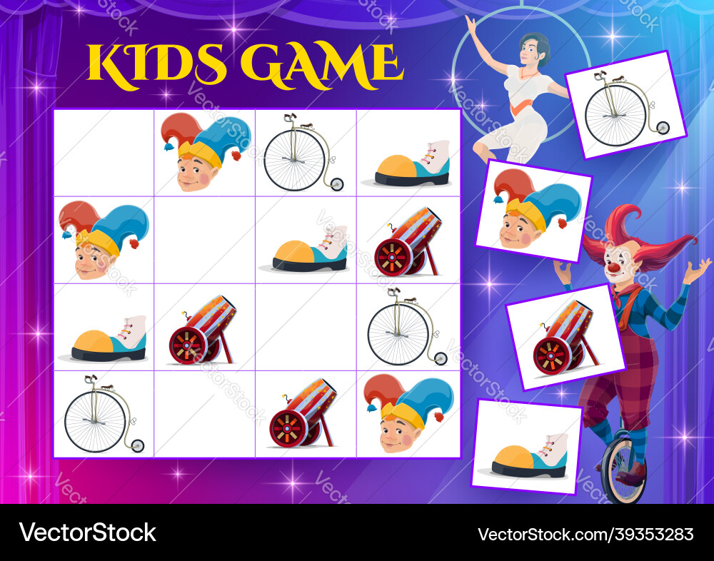 Sudoku game with circus characters and items Vector Image