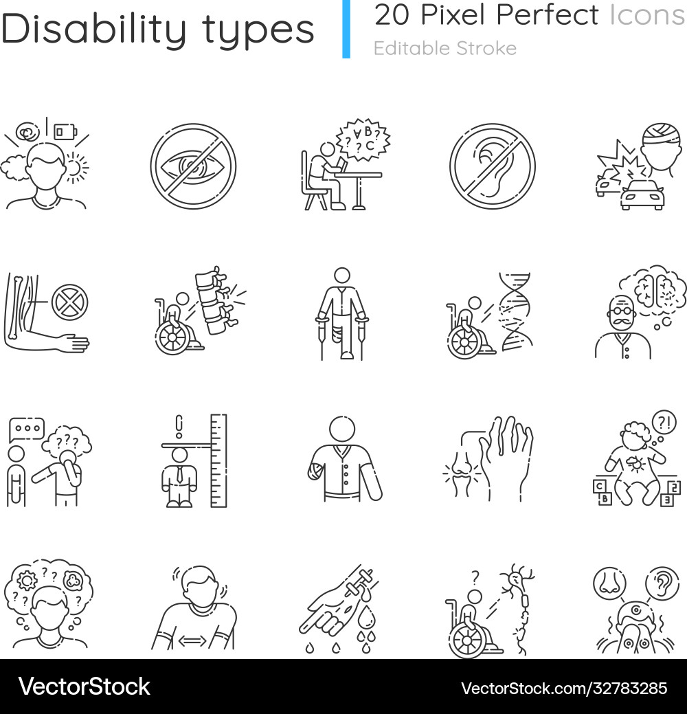 Disability types linear icons set Disability types linear icons set vector image