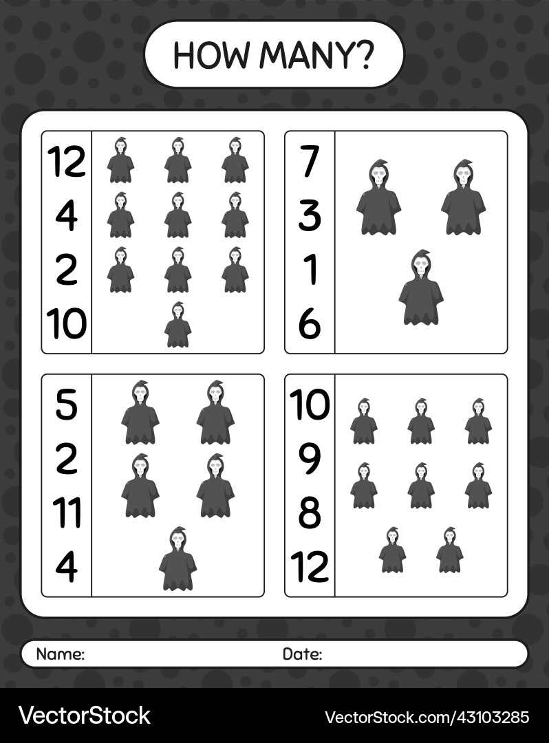 How many counting game with grim reaper worksheet How many counting game with grim reaper worksheet Vector Image
