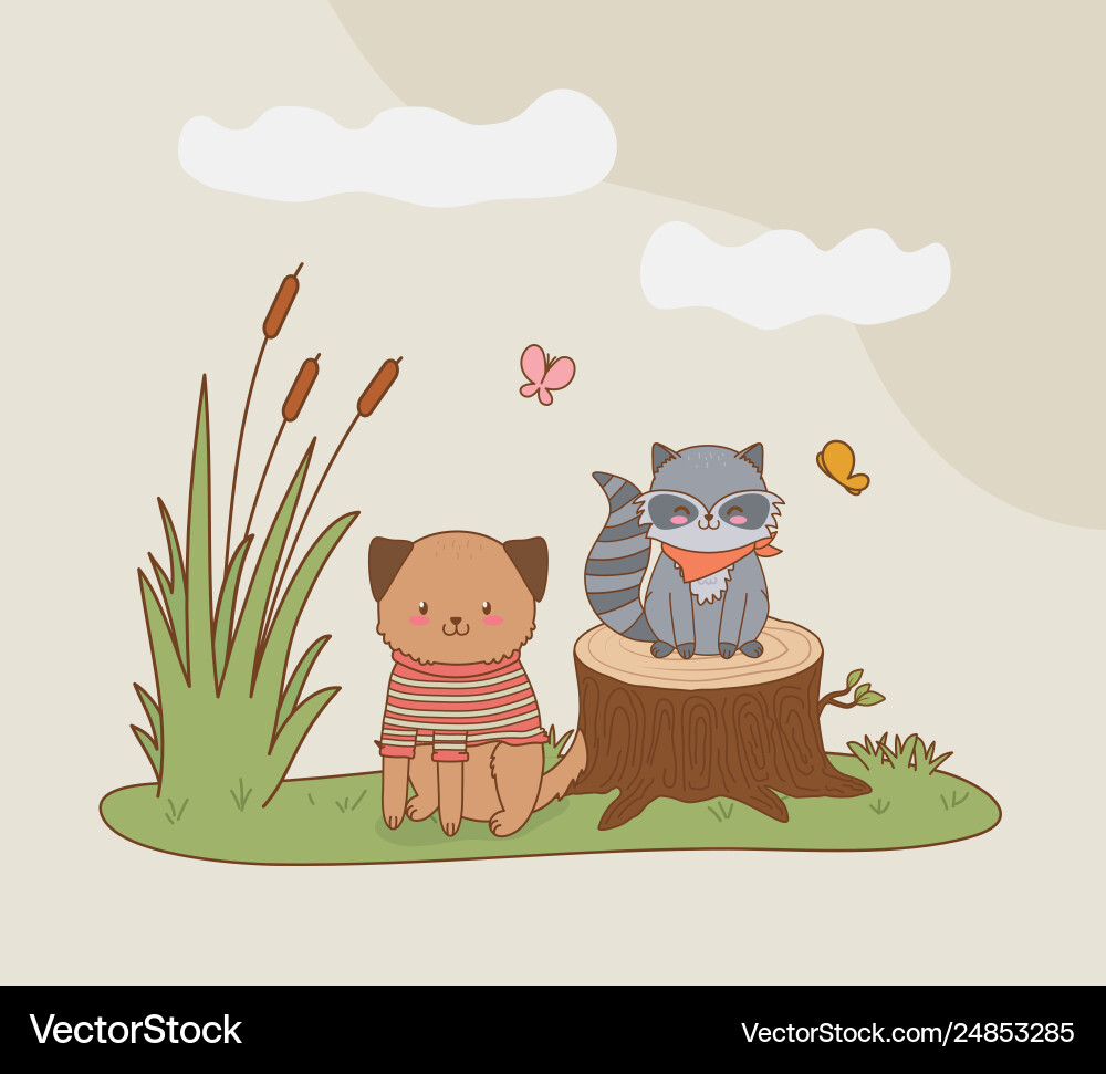 Süßer Waschbär und Hund im Feld Wald Süßer Waschbär und Hund im Feld Wald vektorbild