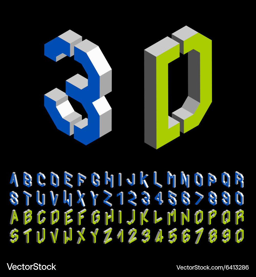 3D Angular Stencil Alphabet Font - Isometric vector image