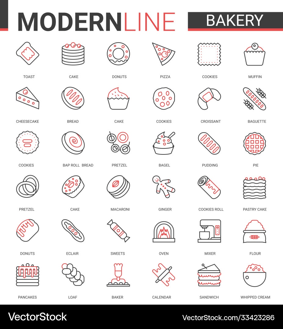 Bakery flat thin red black line icon Royalty Free Vector