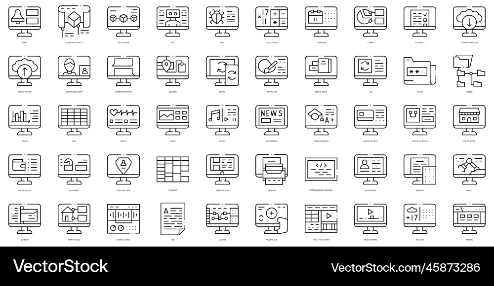 Linear style computer functions icons bundle Linear style computer functions icons bundle vector image