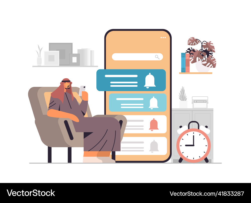 Man programming time reminder alarm on smartphone Man programming time reminder alarm on smartphone vector image