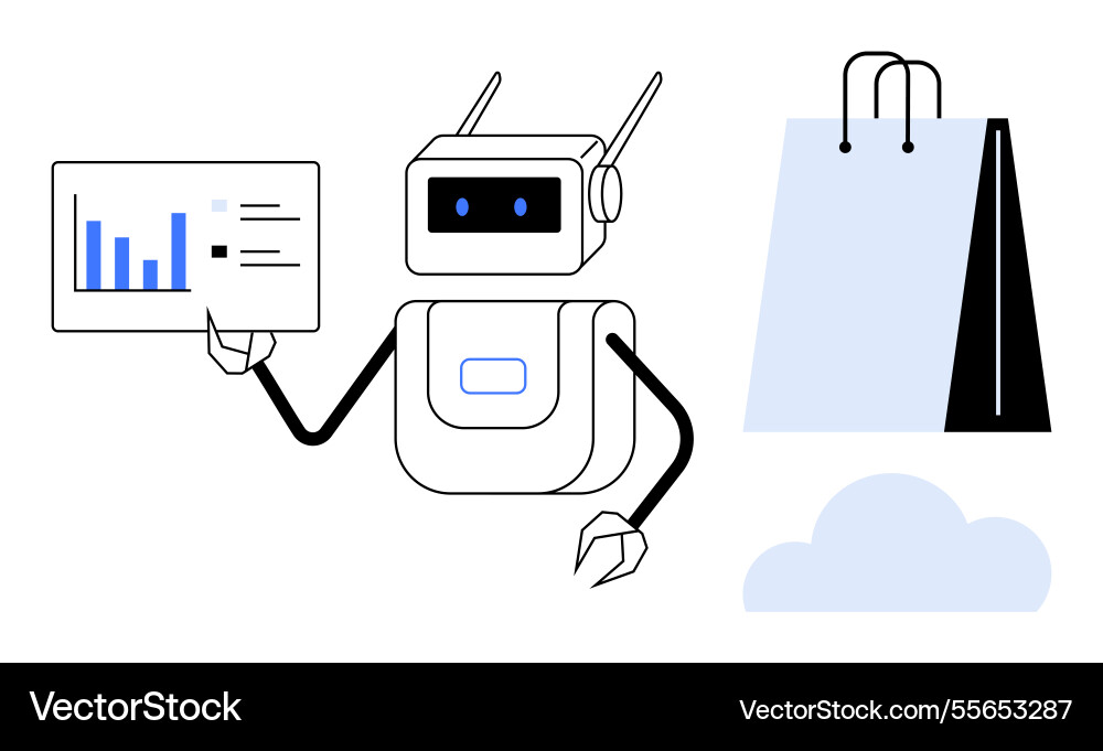 Robot presenting data insights next to shopping Robot presenting data insights next to shopping vector image