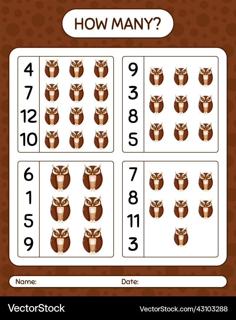 How many counting game with owl worksheet How many counting game with owl worksheet vector image
