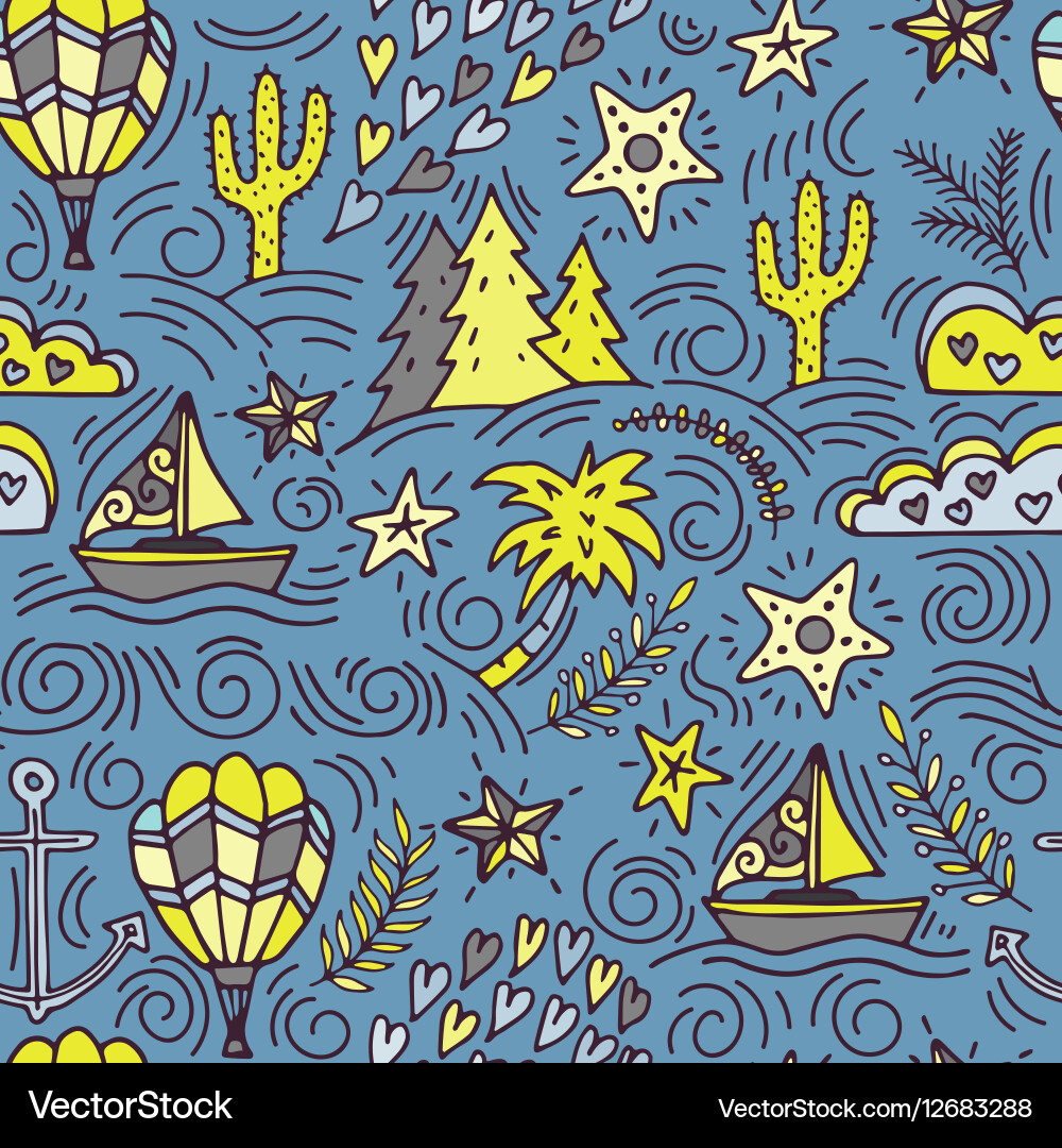 Seamless pattern with cactus palm trees ship Vector Image