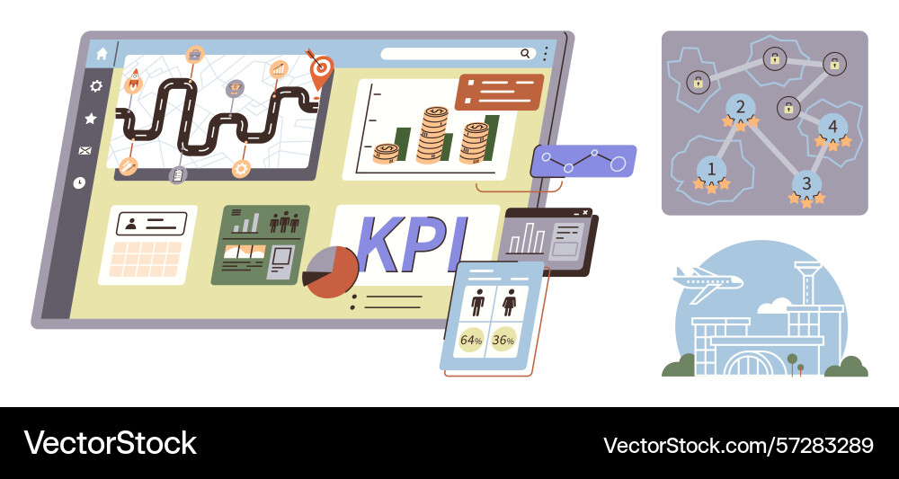 Business performance dashboard with kpi metrics Business performance dashboard with kpi metrics Vector Image