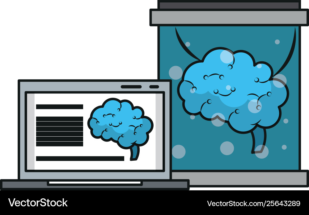 Laptop analizing brain in flask artificial Vector Image