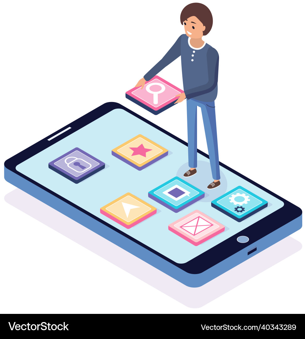 Man near phone working with application icons Man near phone working with application icons vector image