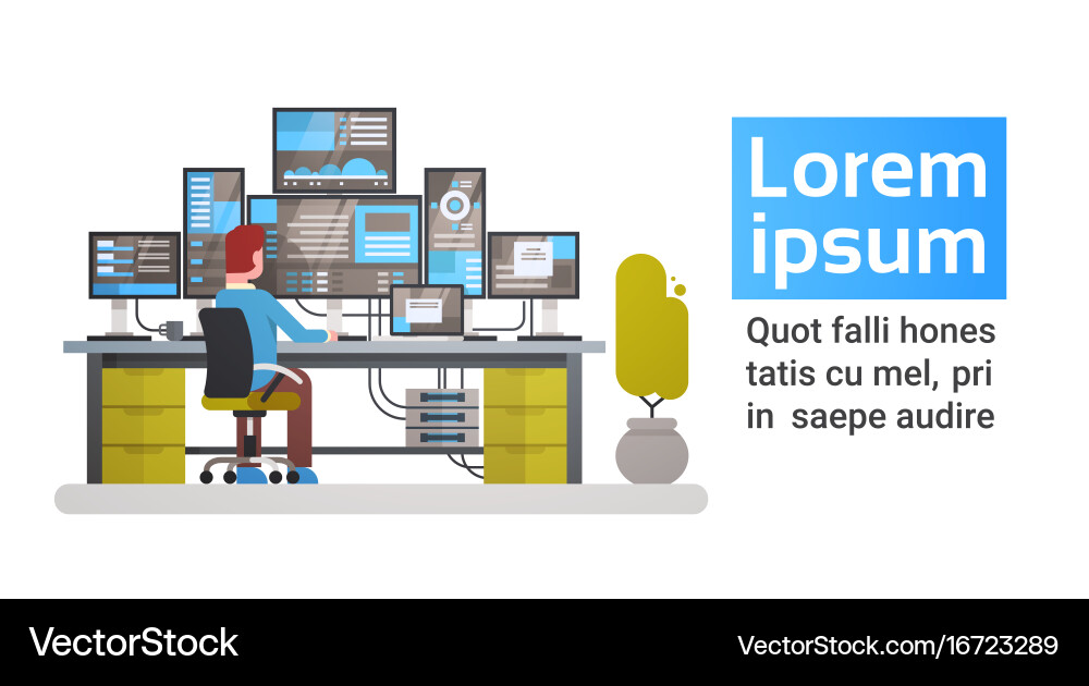 Man working in data center room hosting server vector image