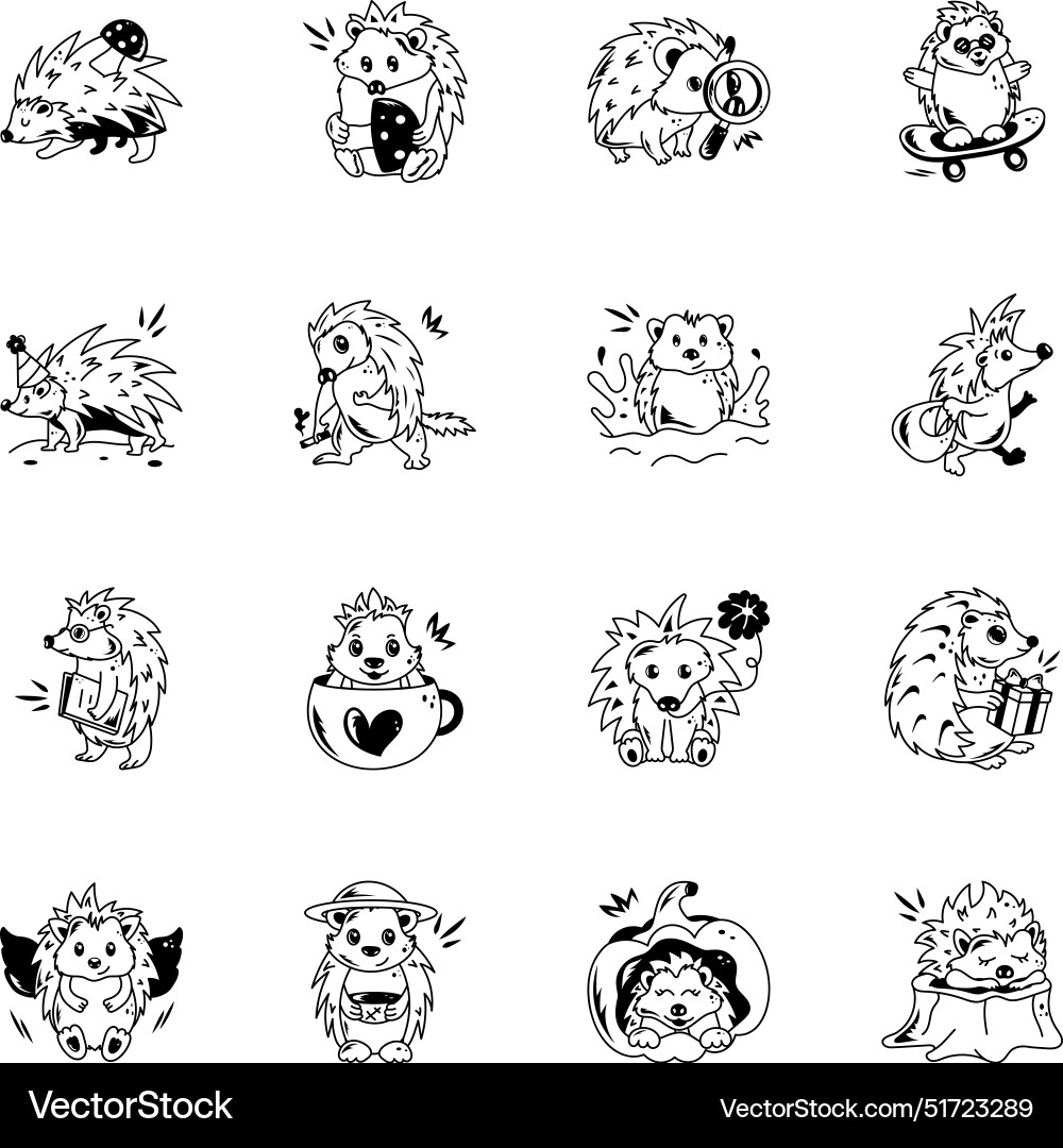 Moderne Doodle-Icons von niedlichen Porcupinen Vektorbild