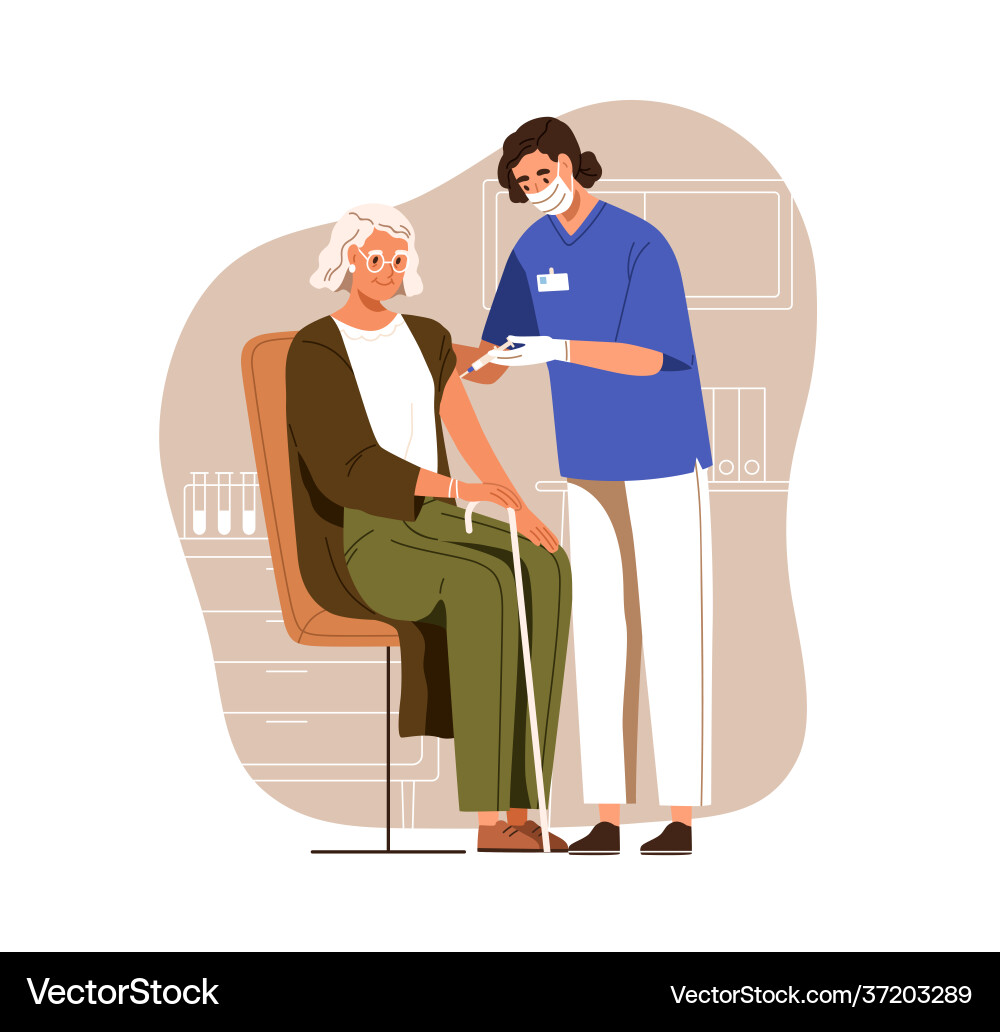 Nurse with syringe vaccinating aged person vector image