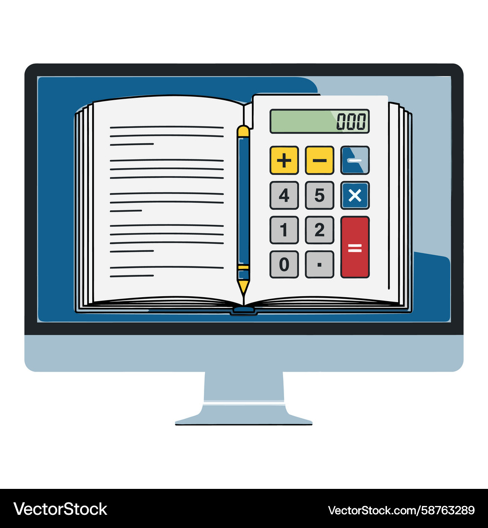 Open Book and Calculator on Computer Screen Vector Image
