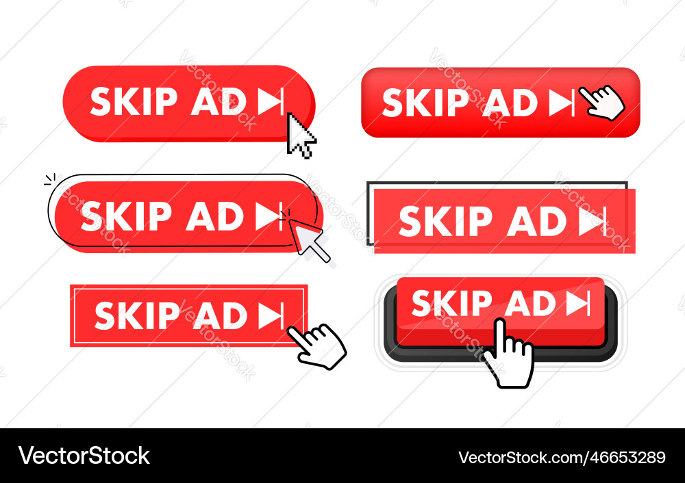 Set of skip ad button hand pointer clicking Set of skip ad button hand pointer clicking vector image