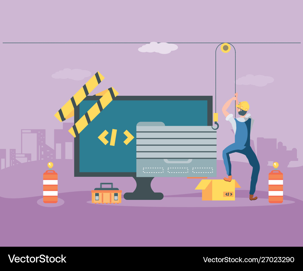 Builders and desktop with webpage under Builders and desktop with webpage under vector image