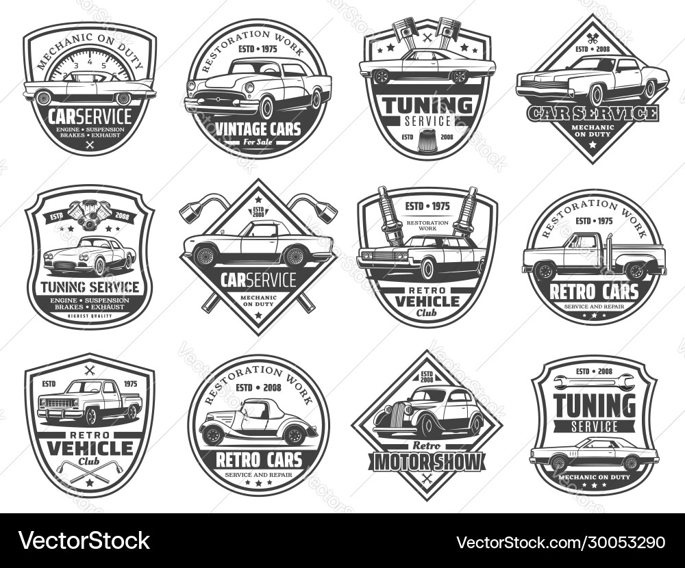 Retro Auto Ersatzteil Icons Reparatur Service Retro Auto Ersatzteil Icons Reparatur Service vektorbild