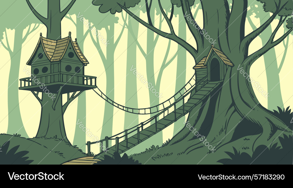 Rustic treehouse with rope bridge whimsical Vector Image