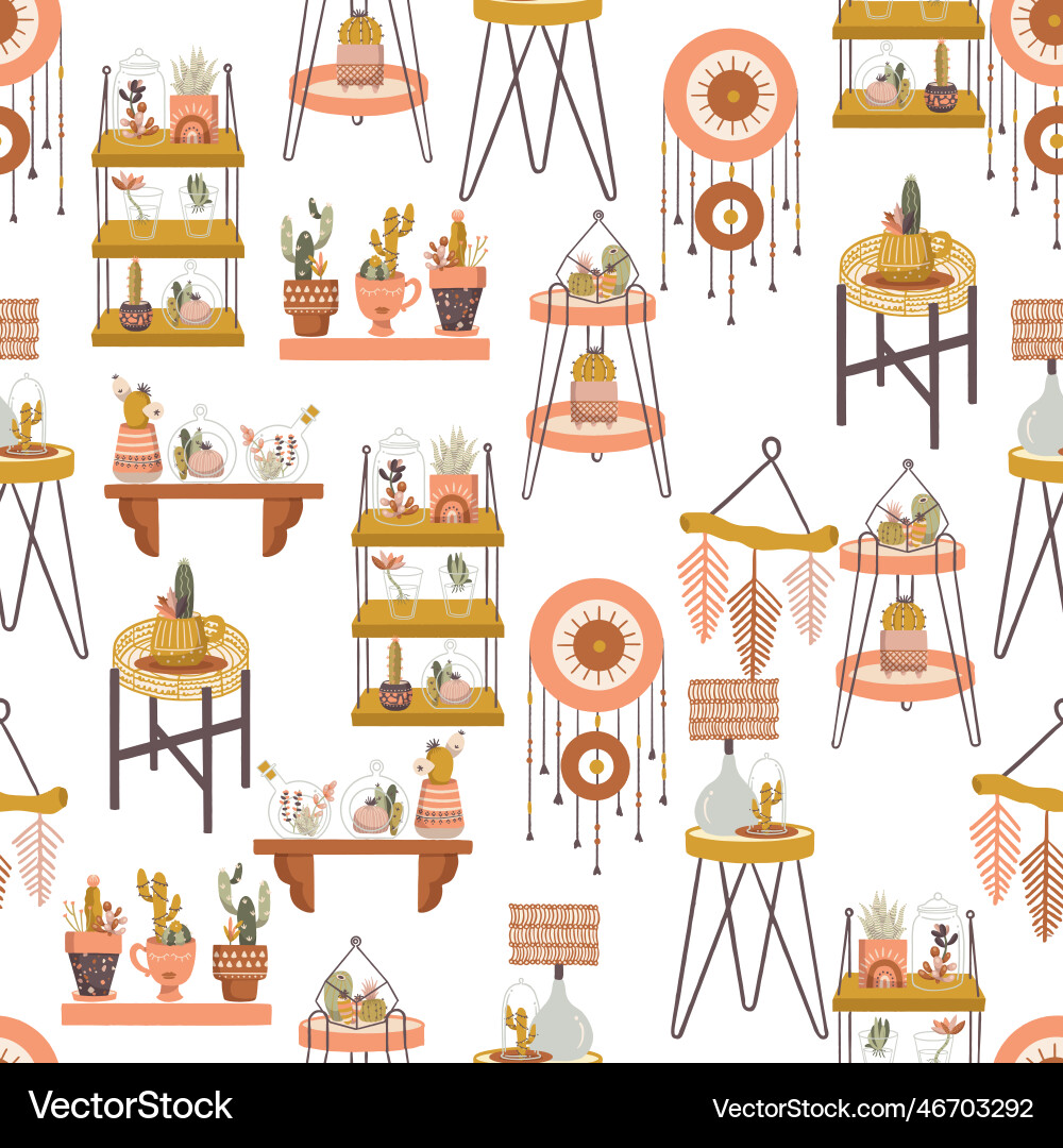 Boho Hausdekor und Möbel nahtloses Muster Boho Hausdekor und Möbel nahtloses Muster vektorbild