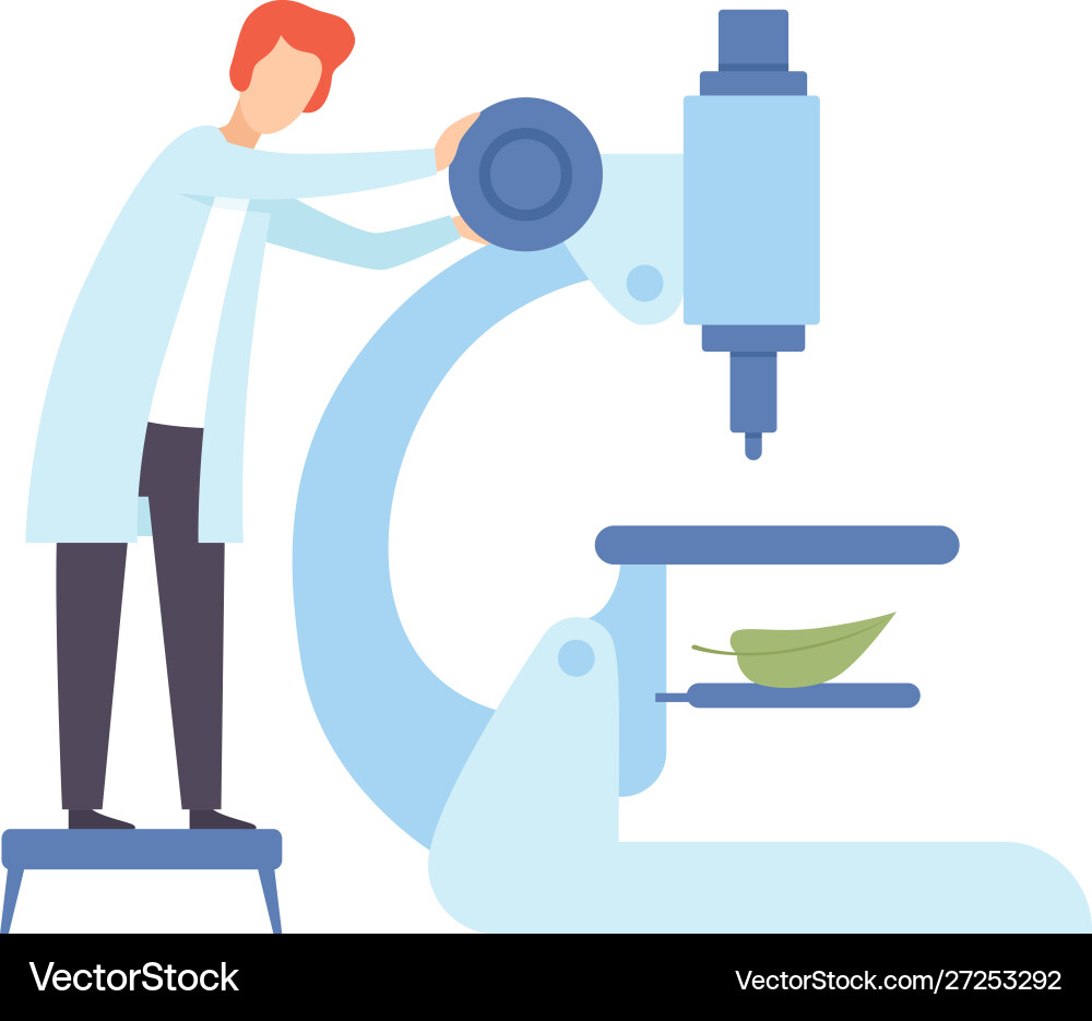 Scientist sets up a huge microscope Vector Image