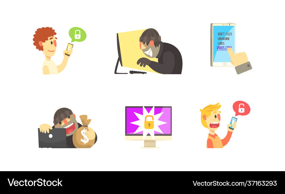 Hackers robbing computers and smartphones set Hackers robbing computers and smartphones set vector image