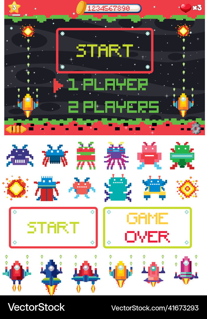 Retro pixel space game interface Vector Image