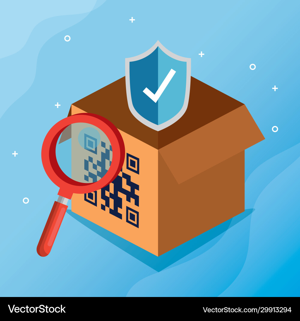 Code qr in Box mit Lupe und Schirm Code qr in Box mit Lupe und Schirm vektorbild