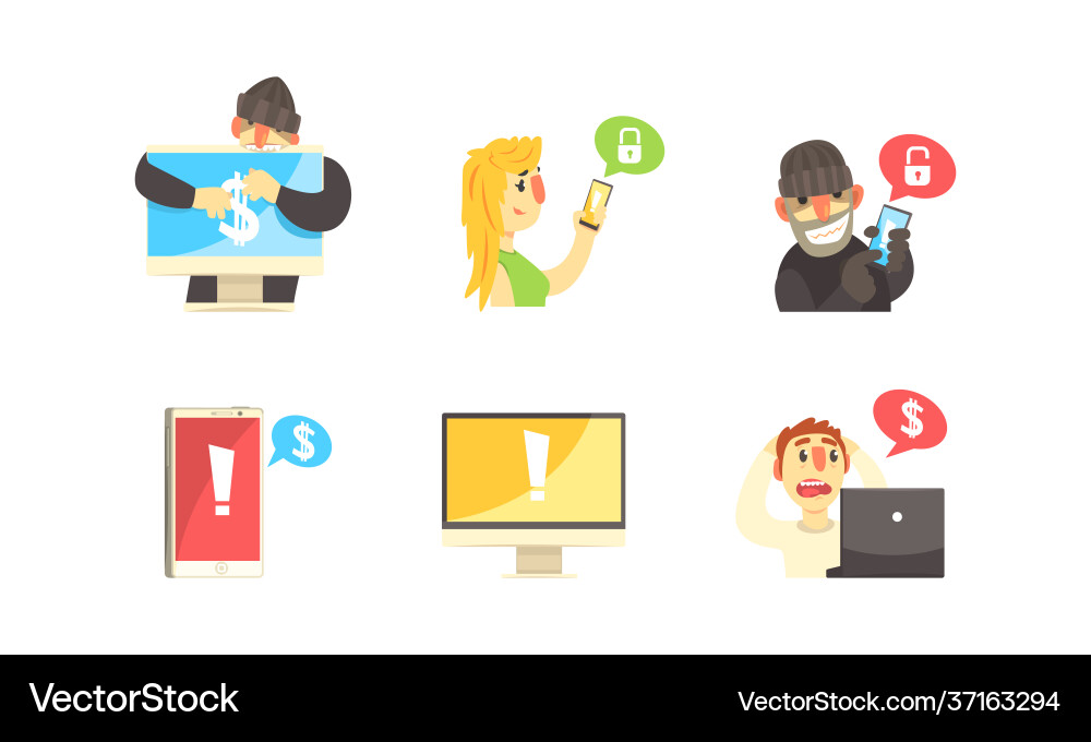 Cyber security concept hackers robbing computers Cyber security concept hackers robbing computers vector image