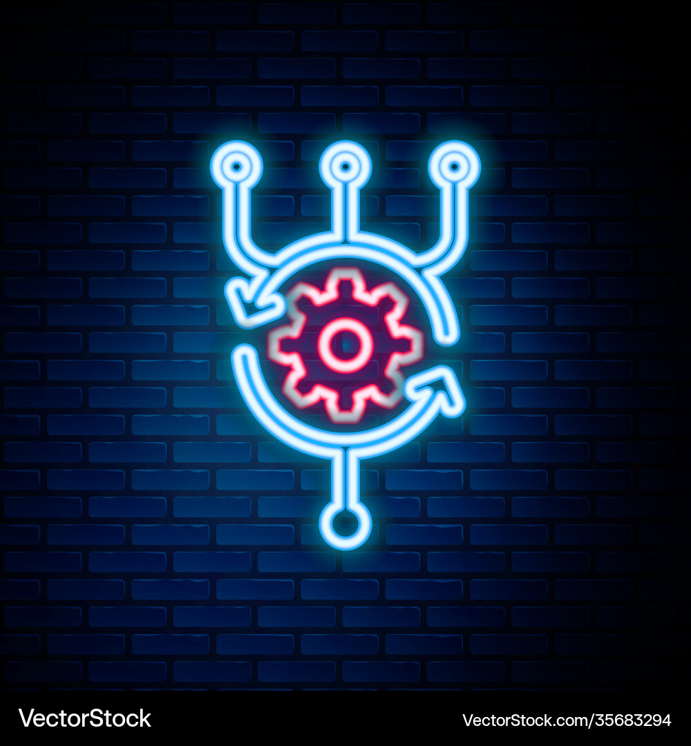 Glowing neon line algorithm icon isolated on brick Glowing neon line algorithm icon isolated on brick vector image