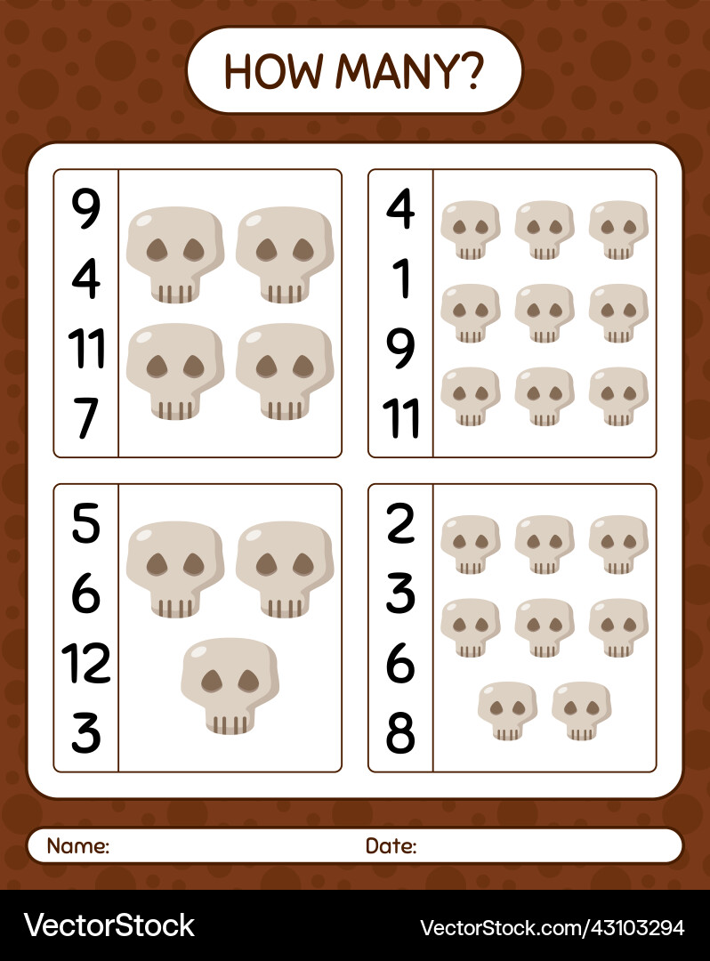 How many counting game with skull worksheet Vector Image