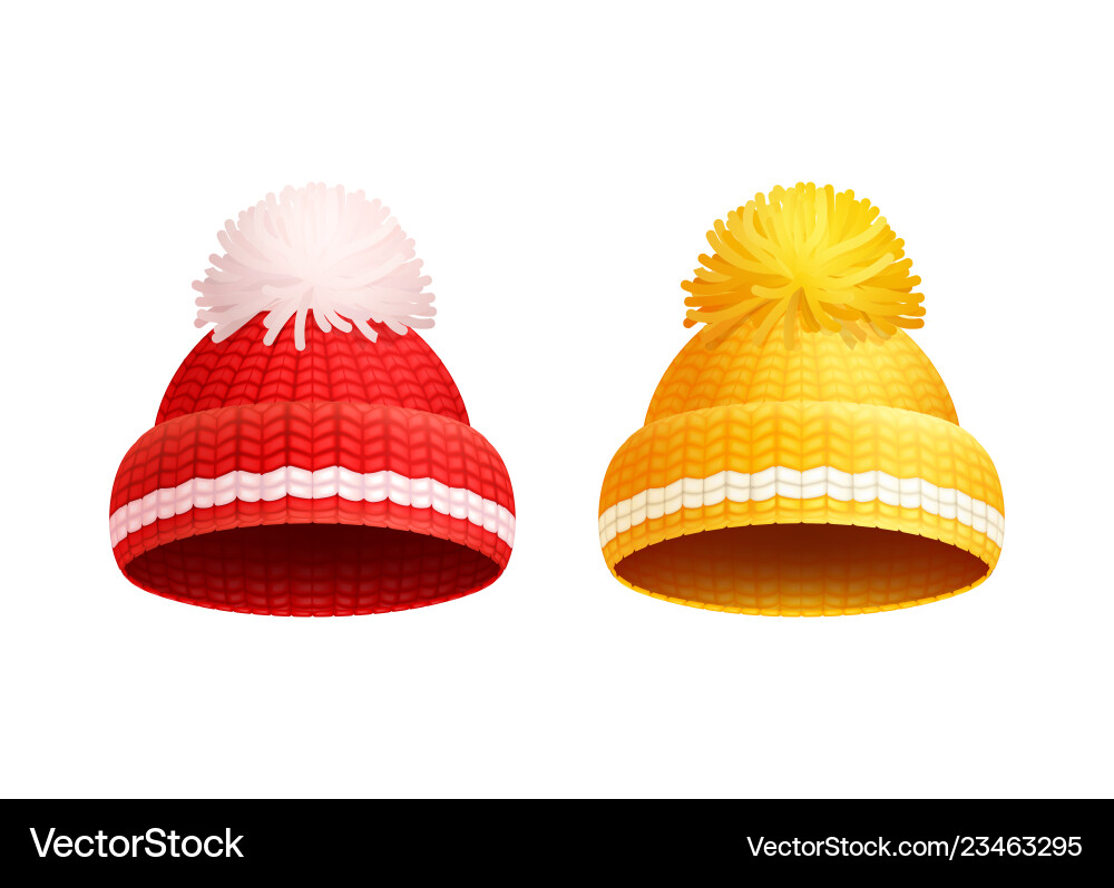 Knitted red yellow hat with pom-pom icon Knitted red yellow hat with pom-pom icon vector image