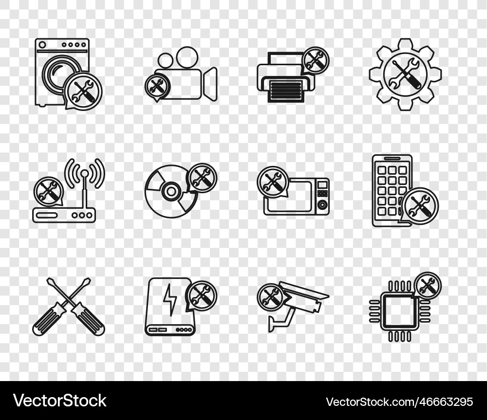 Set line crossed screwdrivers processor service vector image