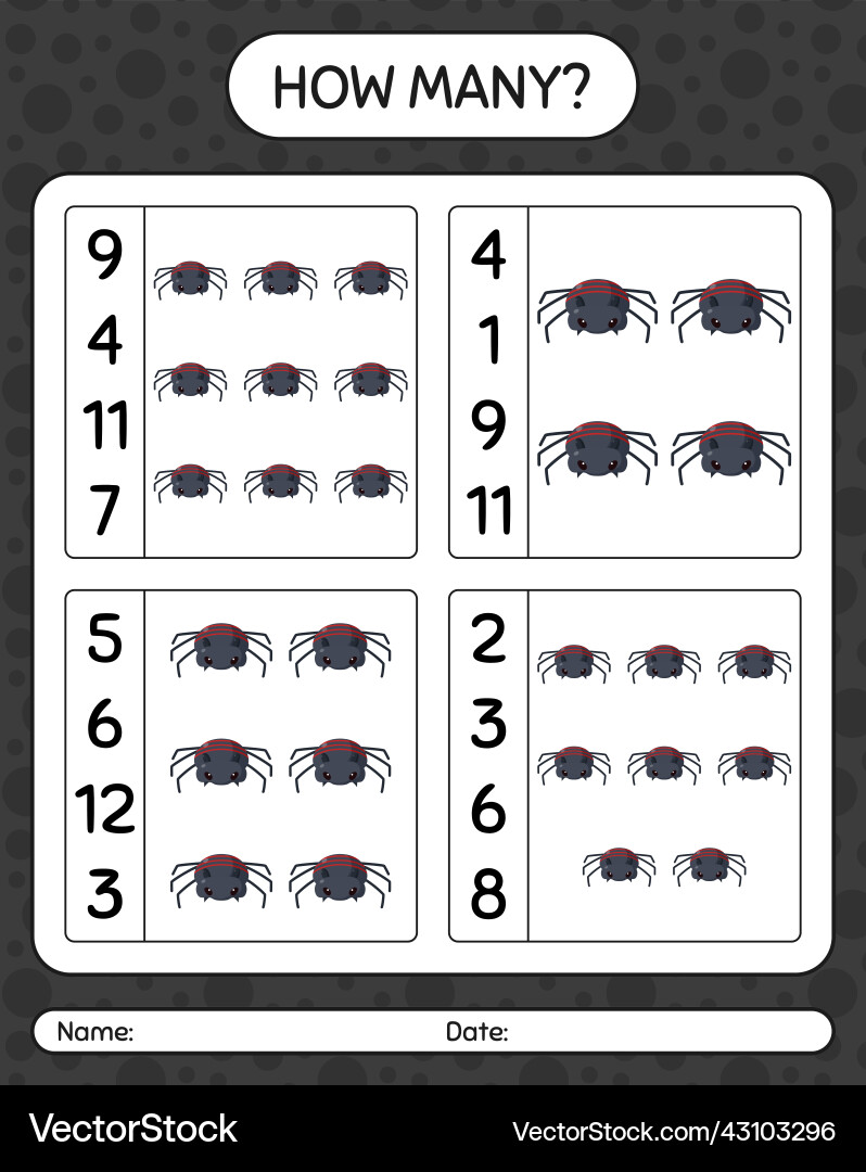 How many counting game with spider worksheet How many counting game with spider worksheet Vector Image
