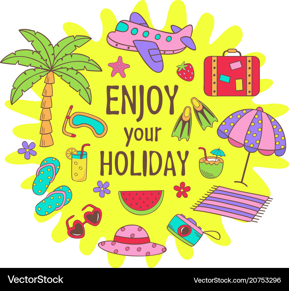 Poster with summer icons on sun Poster with summer icons on sun vector image