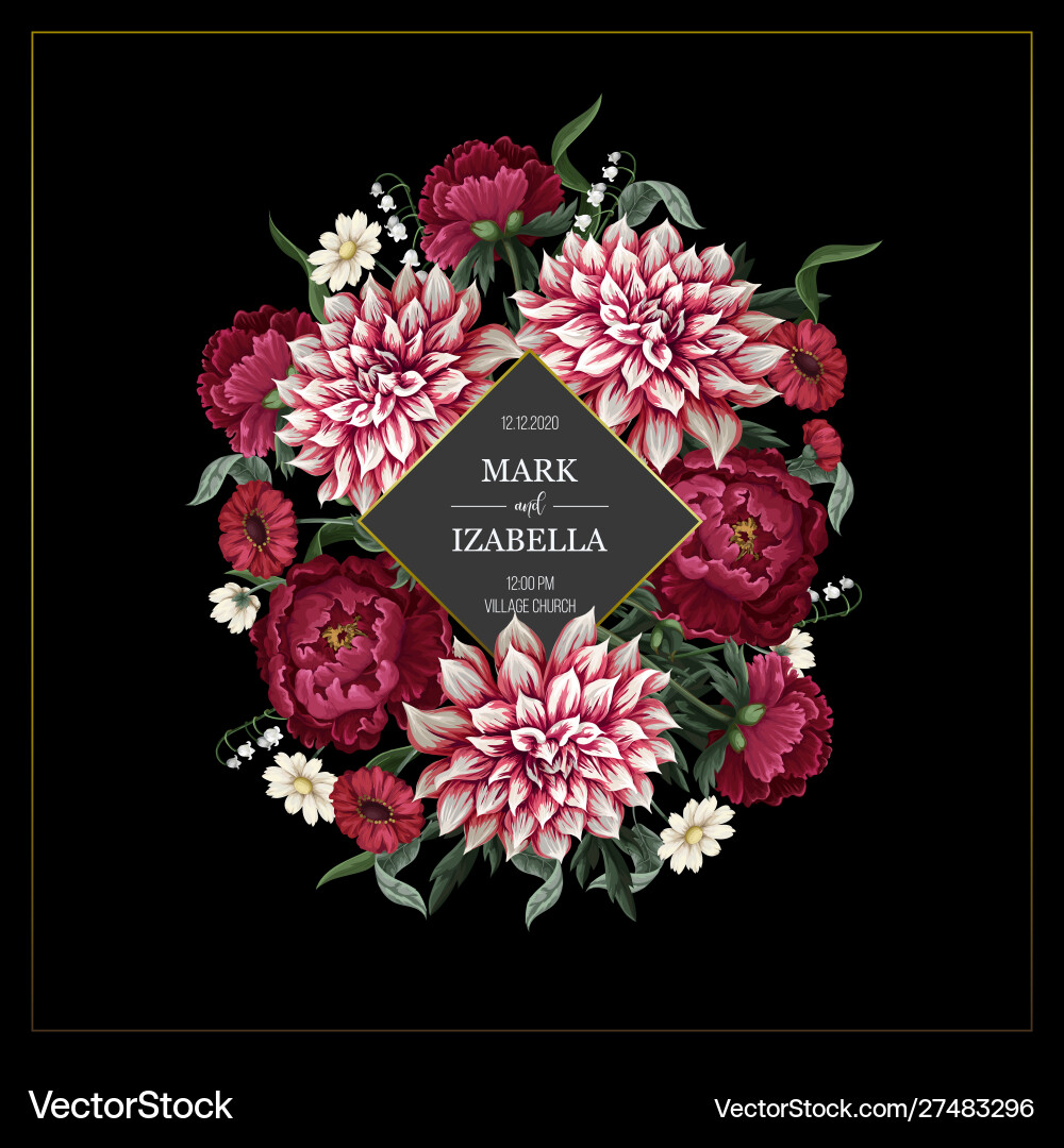 Wedding invitation with dahlia peonies and wild Wedding invitation with dahlia peonies and wild vector image