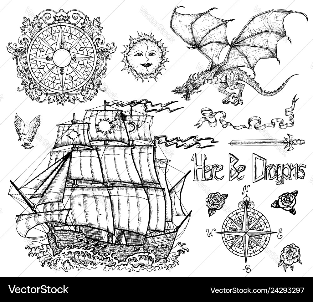 Design set with sailing vessel dragon compass Design set with sailing vessel dragon compass vector image