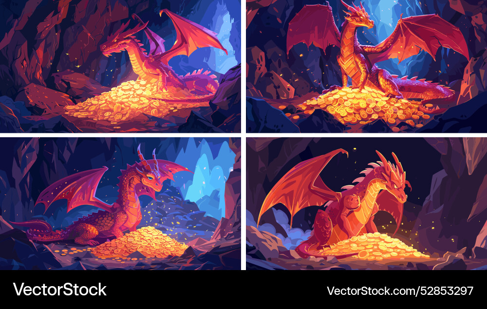 Dragon guarding golden hoard cartoon scenes Dragon guarding golden hoard cartoon scenes vector image