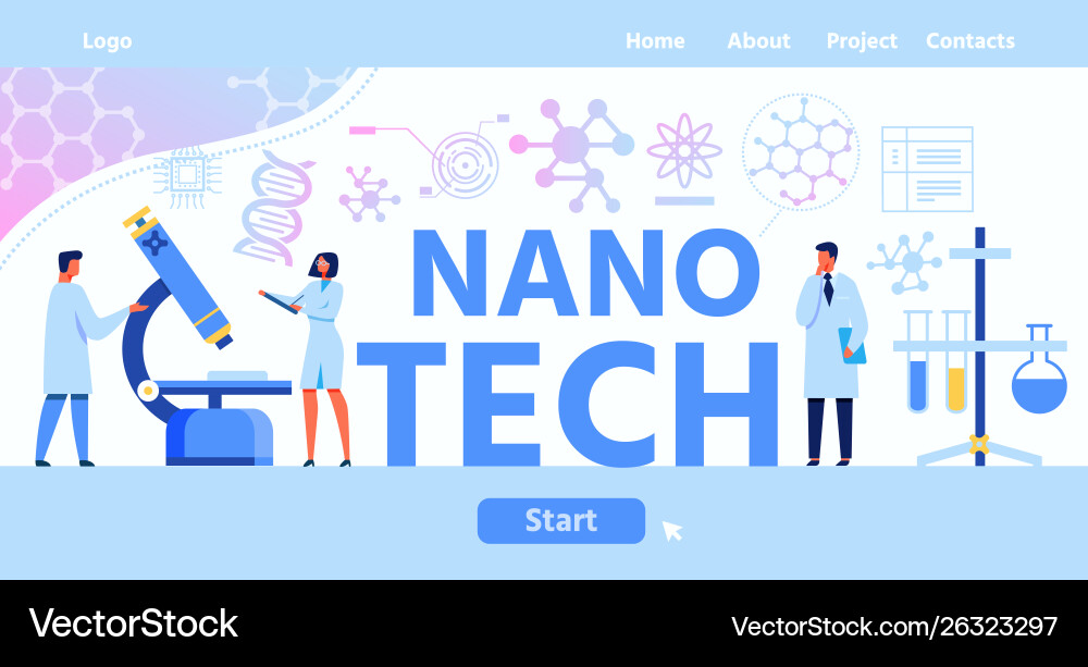 Nano tech lettering landing page with start button vector image