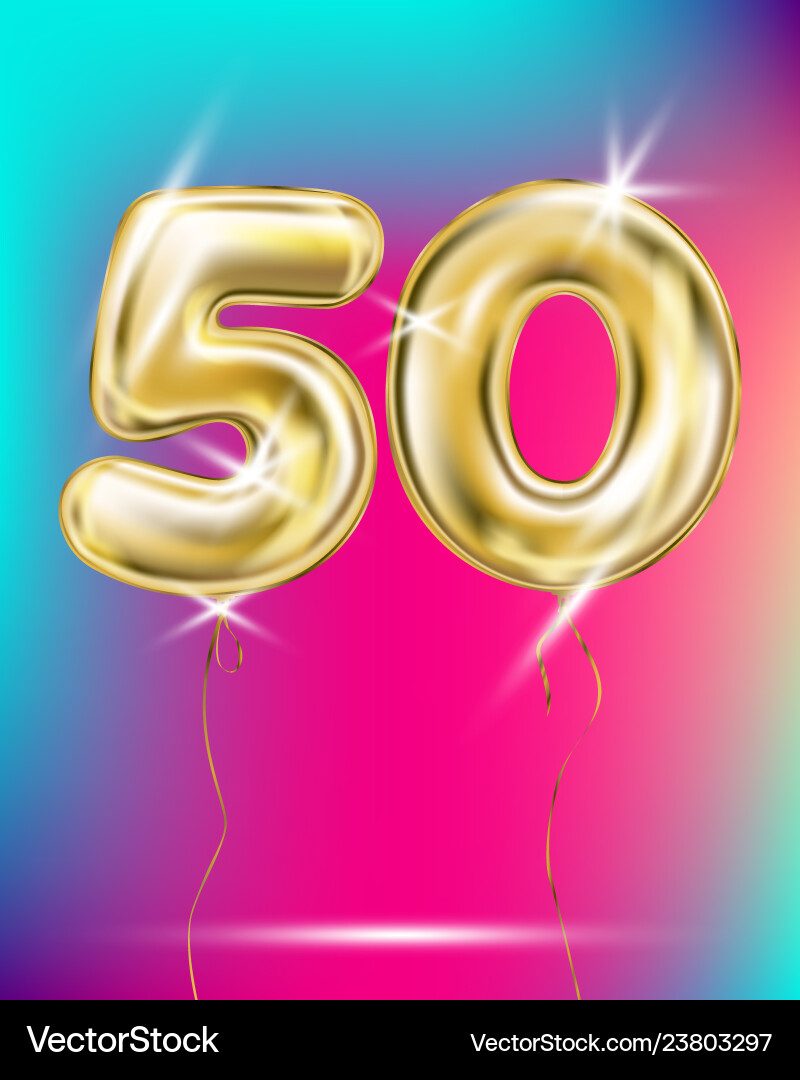 Number fifty gold foil balloon on gradient Number fifty gold foil balloon on gradient vector image