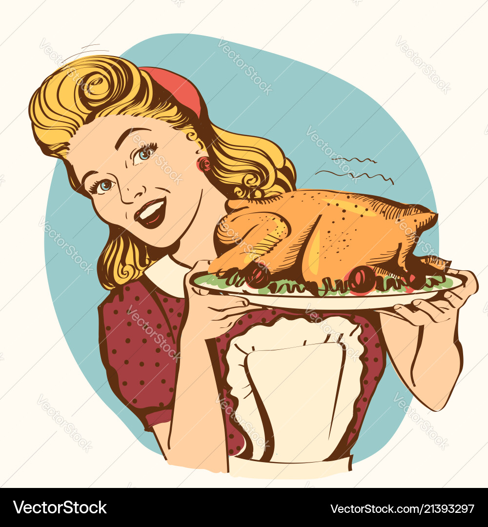 Retro Housewife with Roasted Turkey Vector Image