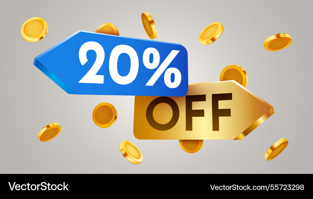 20 percent off sale label with falling golden 20 percent off sale label with falling golden vector image