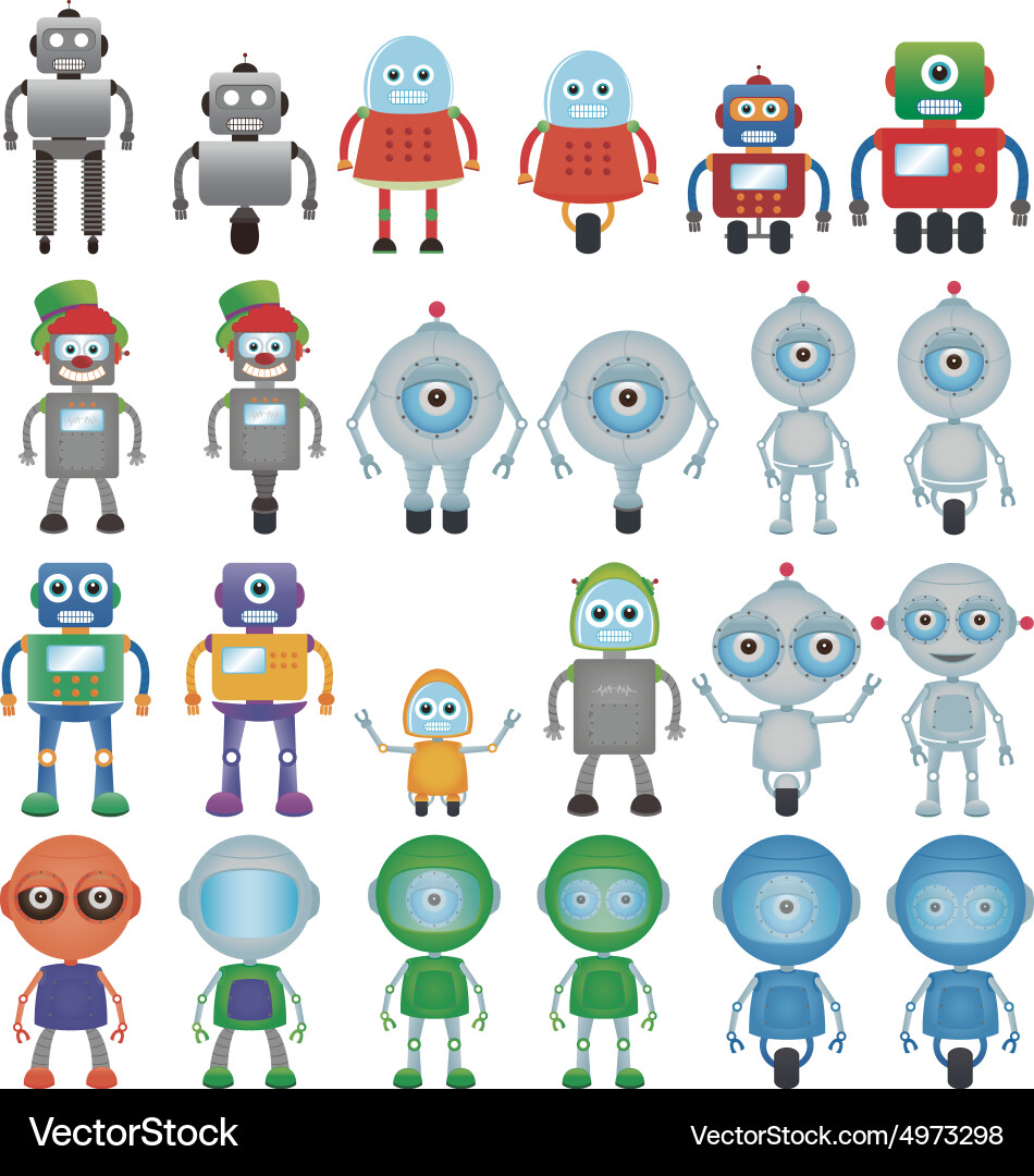 A set different colored robots on white vector image