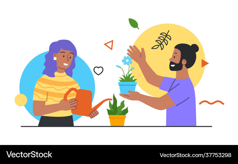 Couple caring for plants growing in pots Couple caring for plants growing in pots vector image