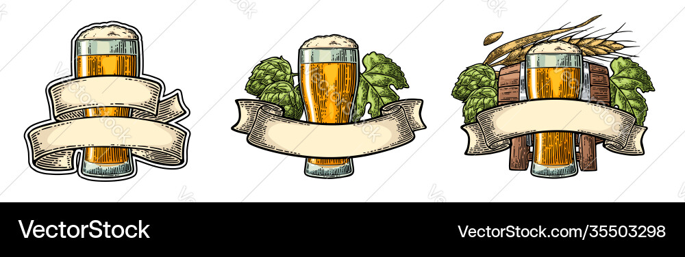 Glass beer with ribbon barrel and hop branch Glass beer with ribbon barrel and hop branch vector image