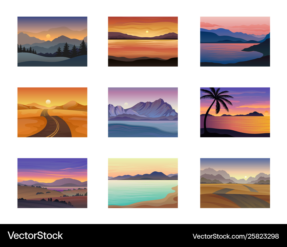 Set night and evening landscapes at sunset Set night and evening landscapes at sunset vector image