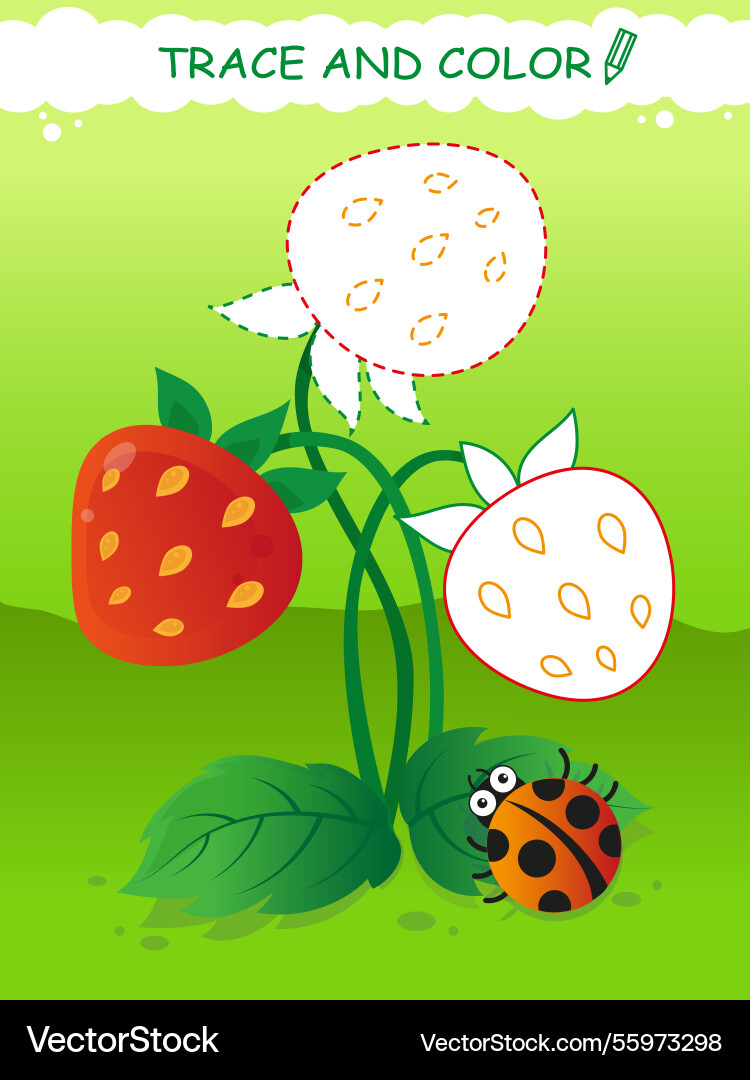 Trace and color writing practice strawberry Trace and color writing practice strawberry Vector Image