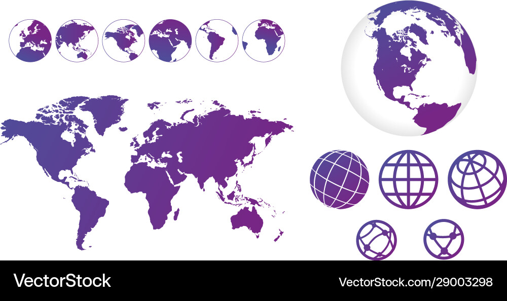 World map with set globes linear icons Vector Image