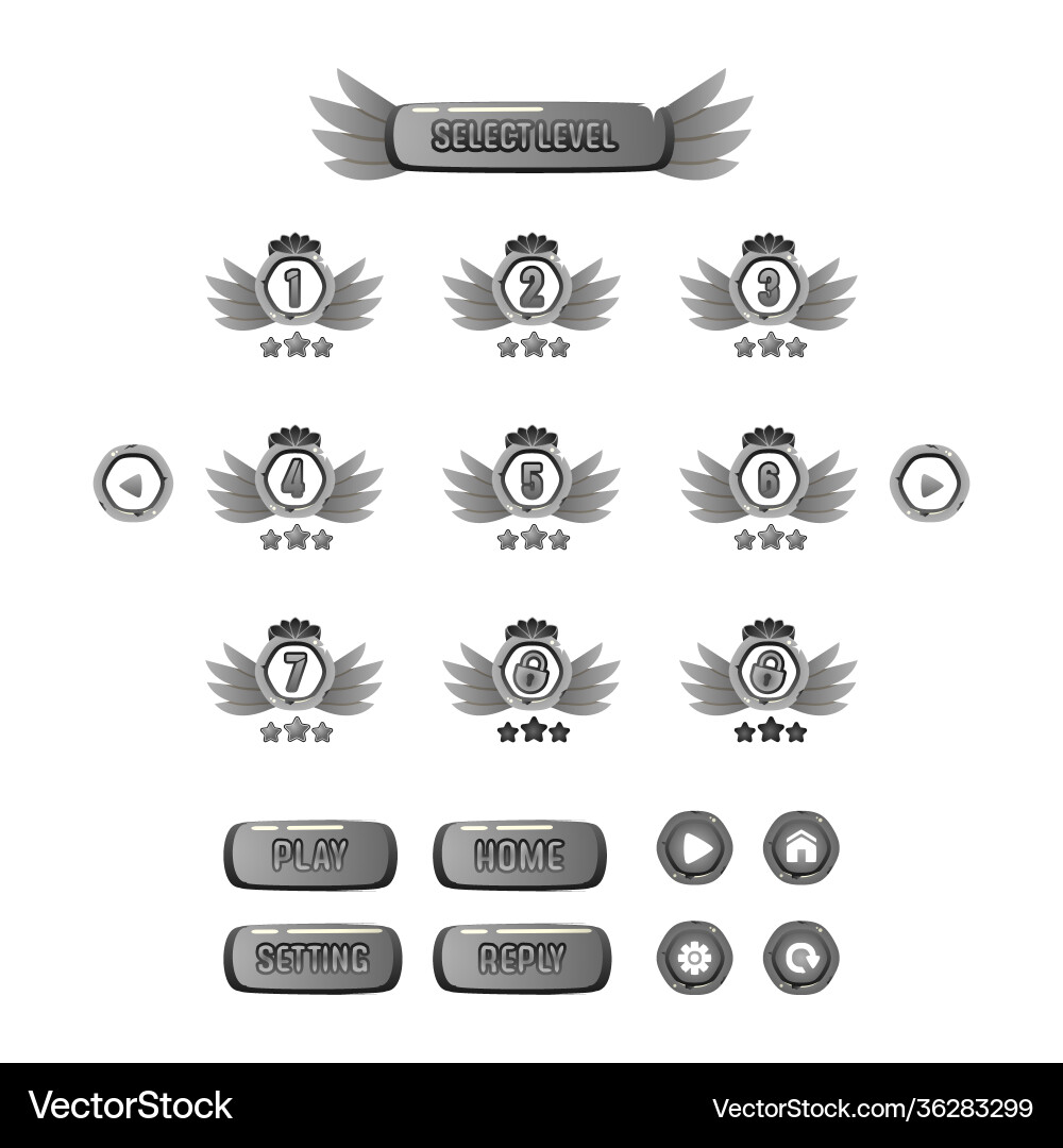 Silver wing selected level game with button set vector image