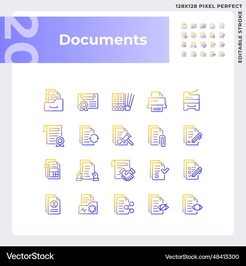 2d pixel perfect gradient document icons set 2d pixel perfect gradient document icons set vector image