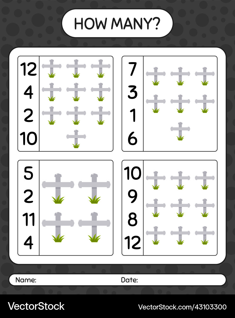 How many counting game with tombstone worksheet How many counting game with tombstone worksheet Vector Image